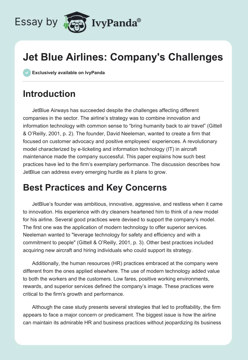 Jet Blue Airlines: Company's Challenges. Page 1