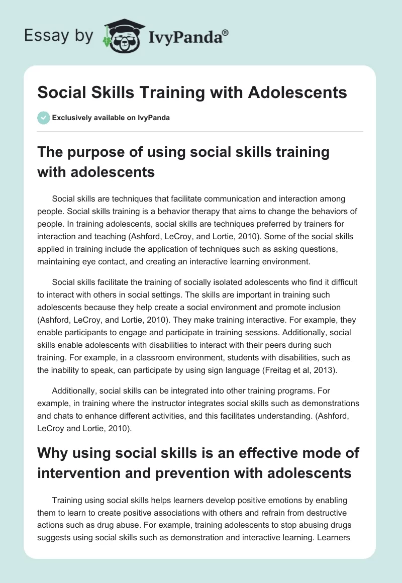 Social Skills Training with Adolescents. Page 1
