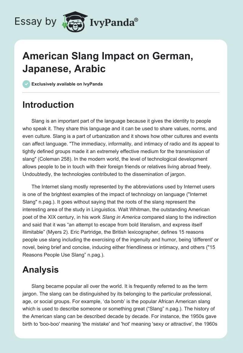American Slang Impact on German, Japanese, Arabic. Page 1