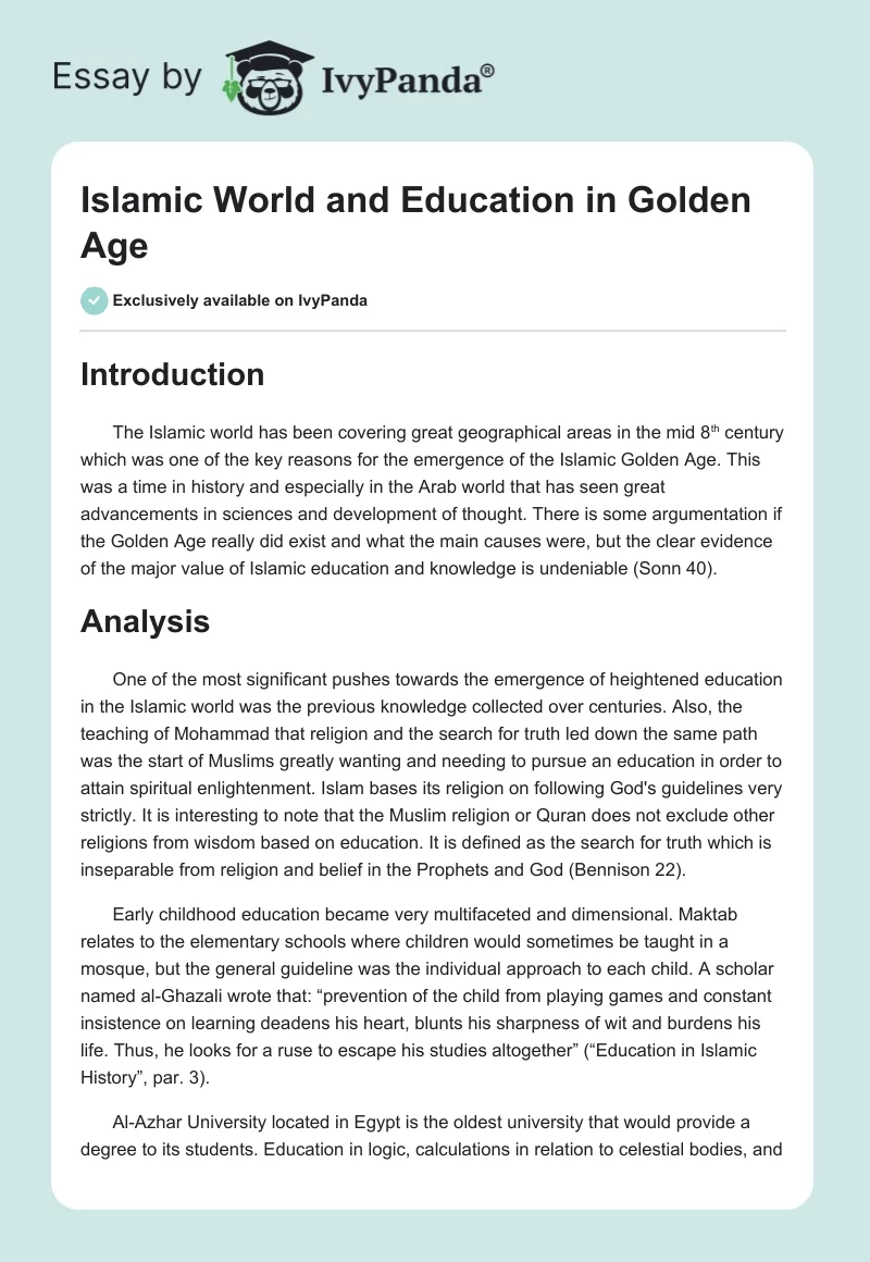 Islamic World and Education in Golden Age. Page 1