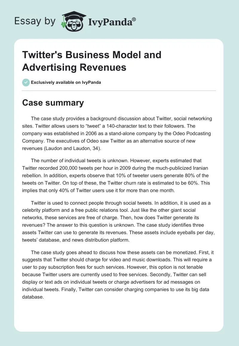 Twitter's Business Model and Advertising Revenues. Page 1