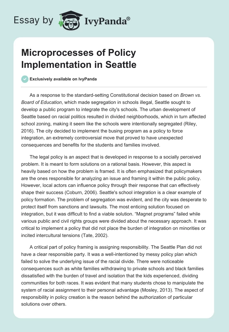 Microprocesses of Policy Implementation in Seattle. Page 1