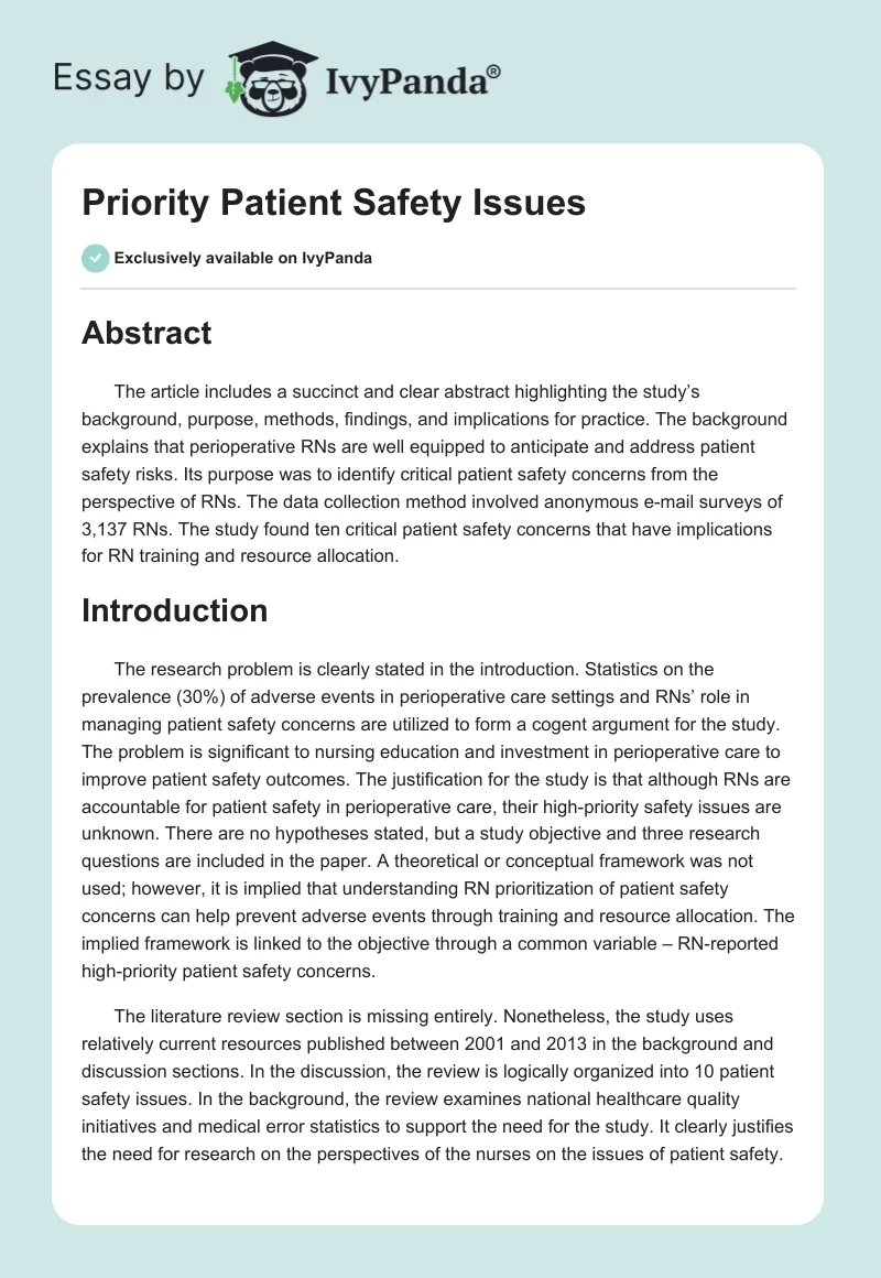 Priority Patient Safety Issues. Page 1