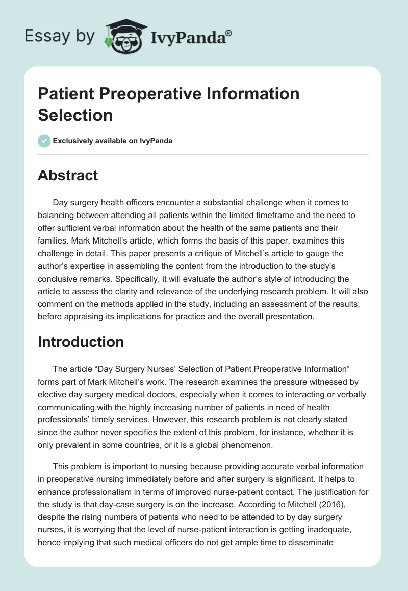 Patient Preoperative Information Selection. Page 1