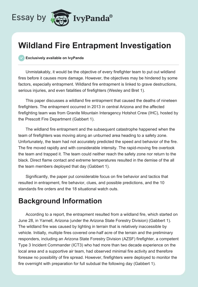 Wildland Fire Entrapment Investigation. Page 1