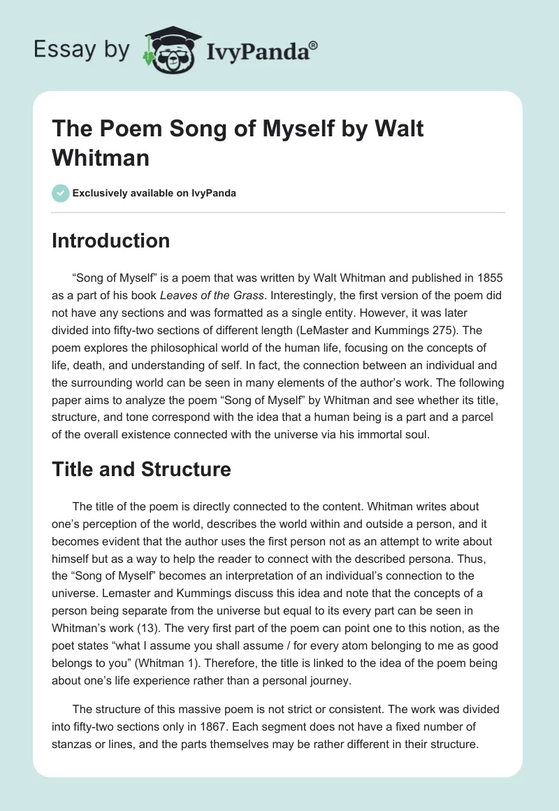 The Poem "Song of Myself" by Walt Whitman. Page 1