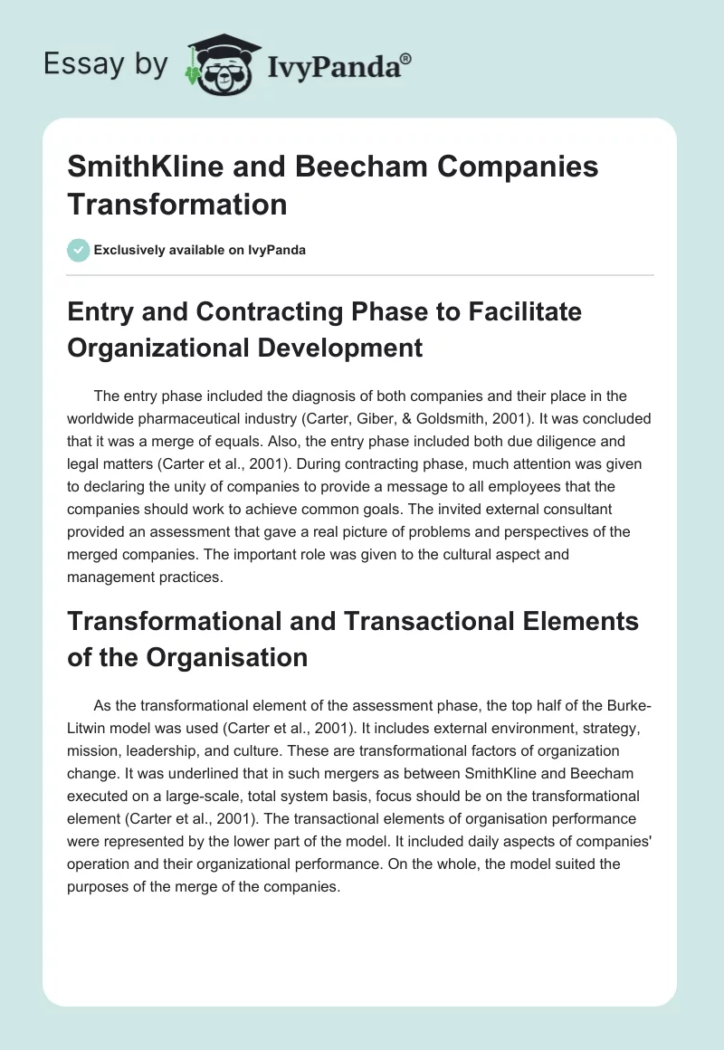 SmithKline and Beecham Companies Transformation. Page 1
