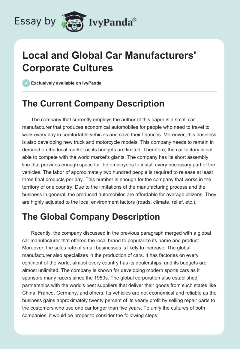 Local and Global Car Manufacturers' Corporate Cultures. Page 1
