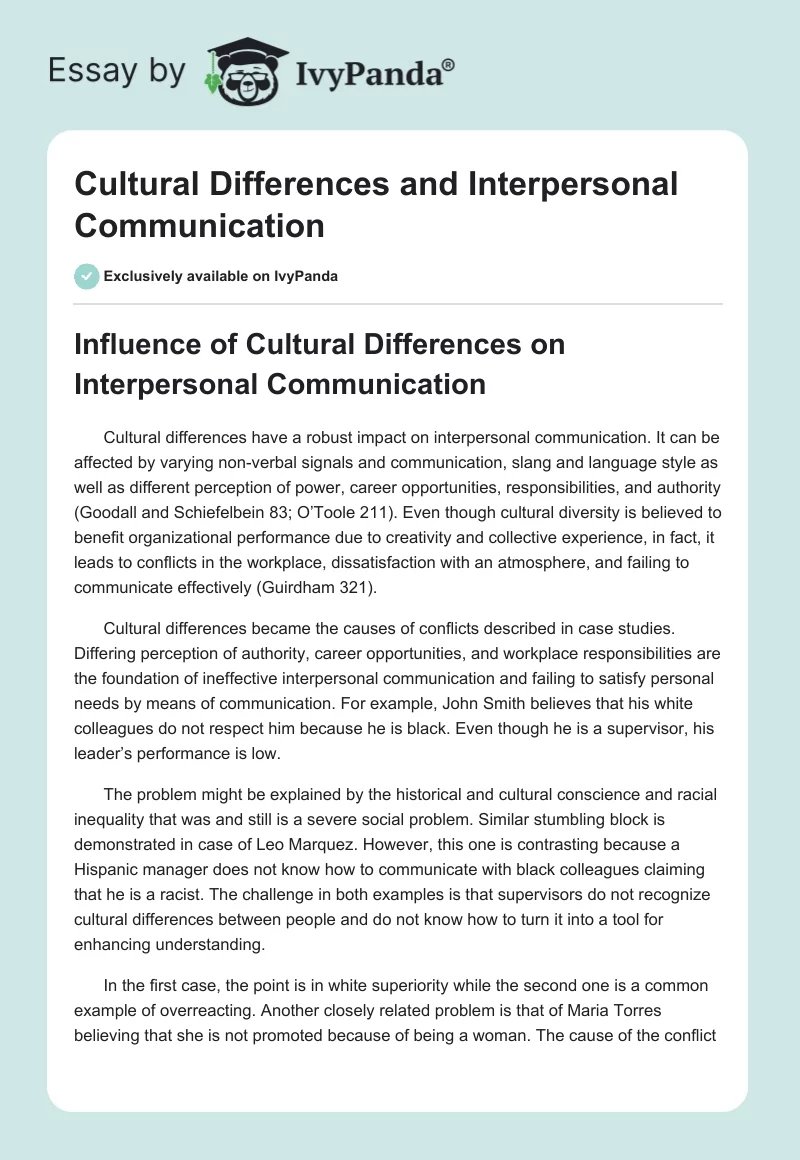 Cultural Differences and Interpersonal Communication. Page 1