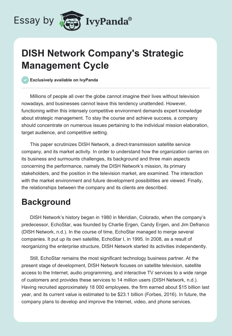 DISH Network Company's Strategic Management Cycle. Page 1