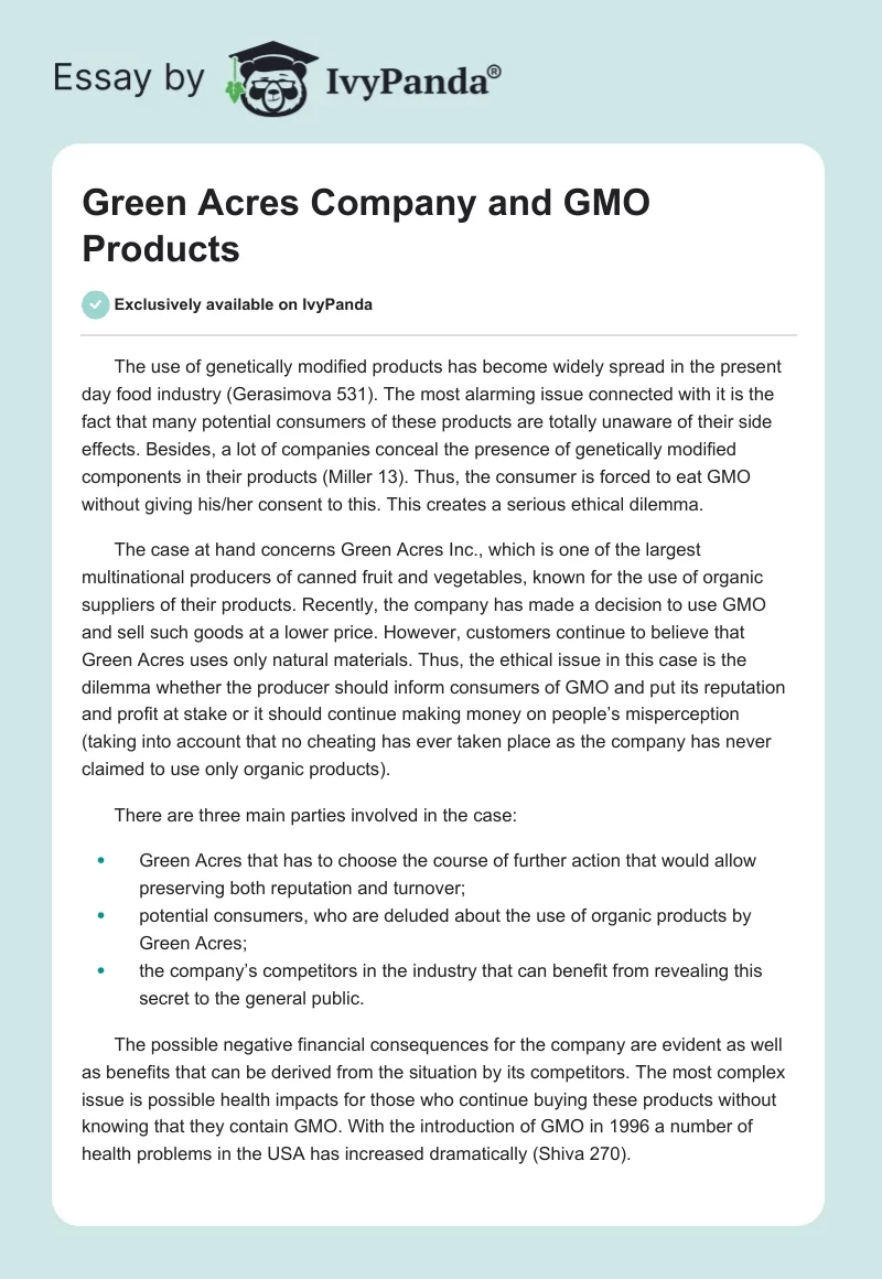 Green Acres Company and GMO Products. Page 1