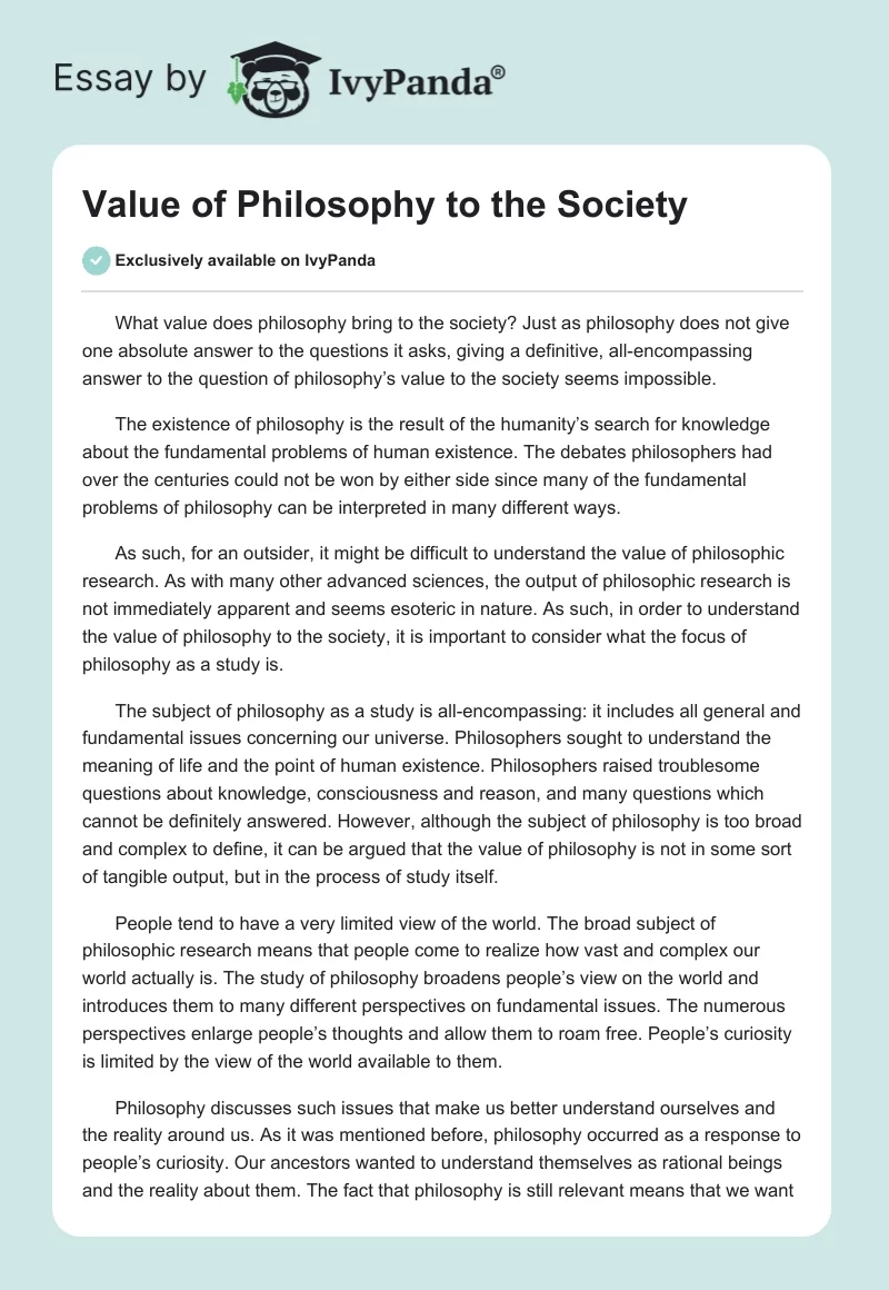Value of Philosophy to the Society. Page 1