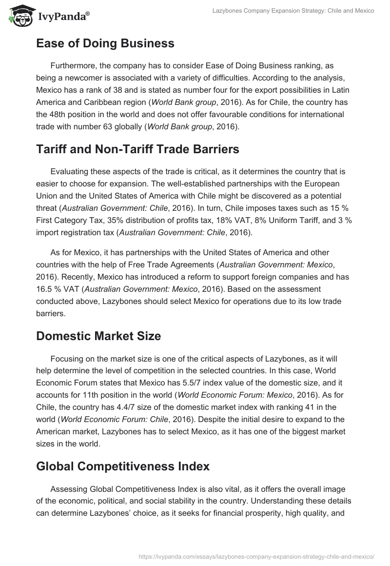 Lazybones Company Expansion Strategy: Chile and Mexico. Page 3