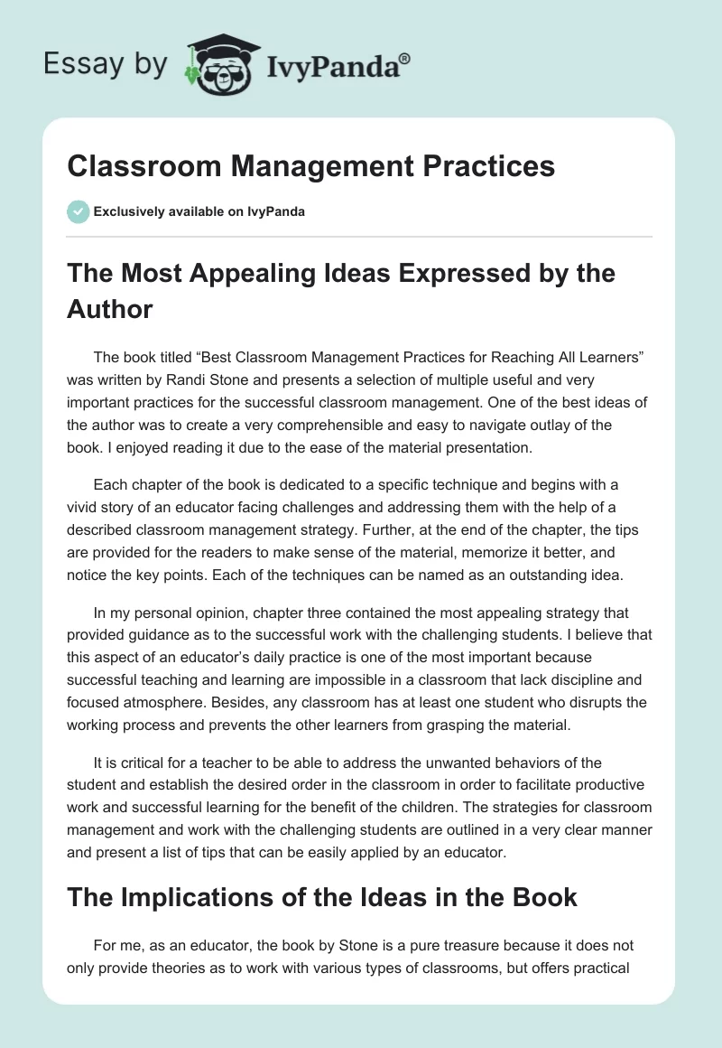 Classroom Management Practices. Page 1