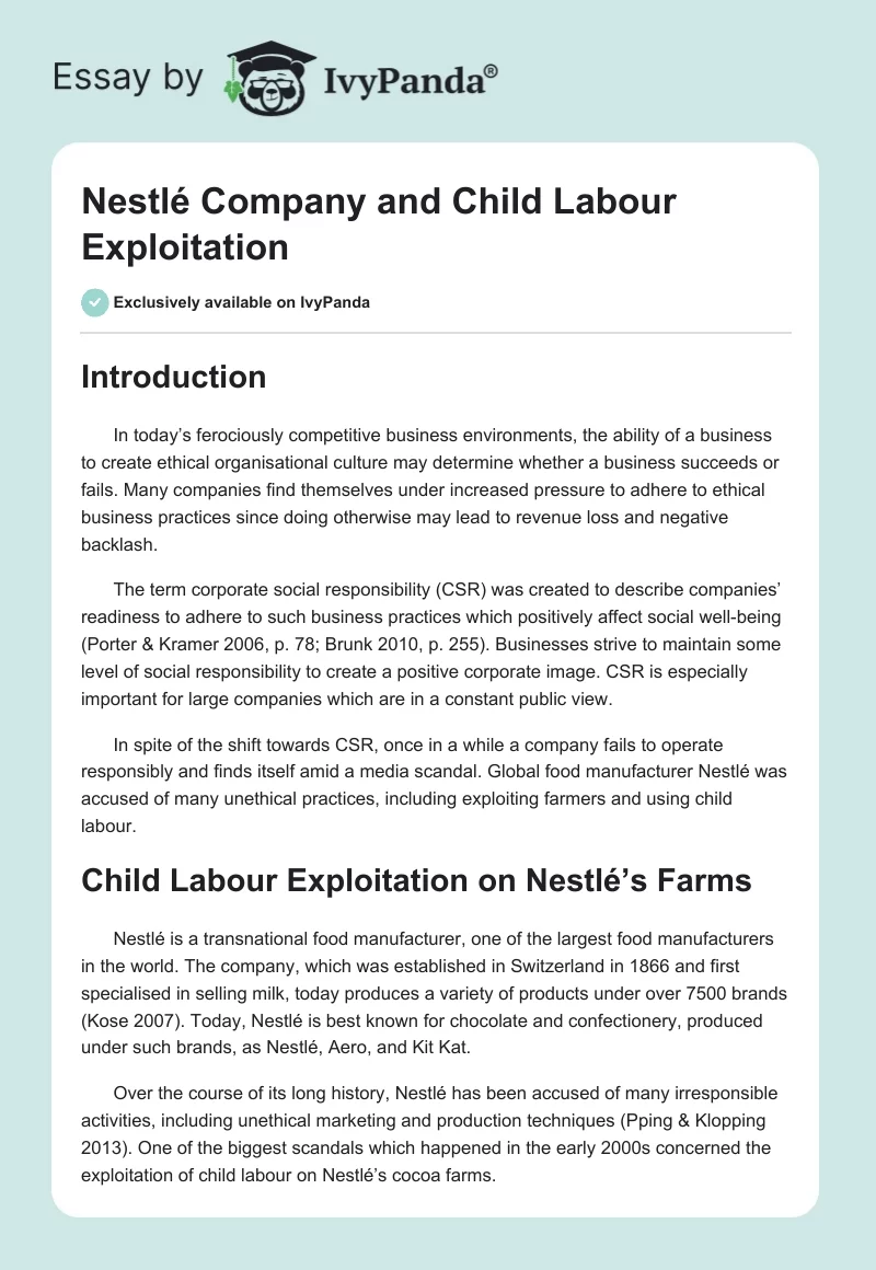 Nestlé Company and Child Labour Exploitation. Page 1