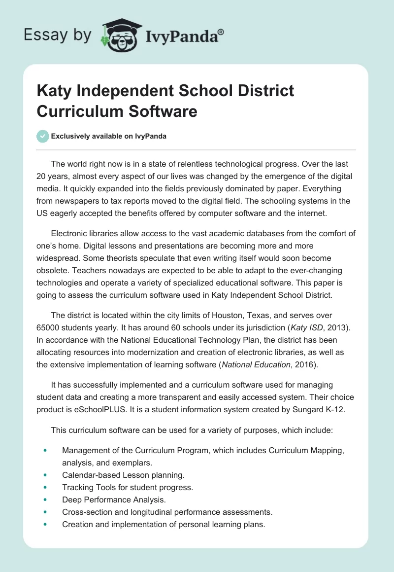 Katy Independent School District Curriculum Software. Page 1