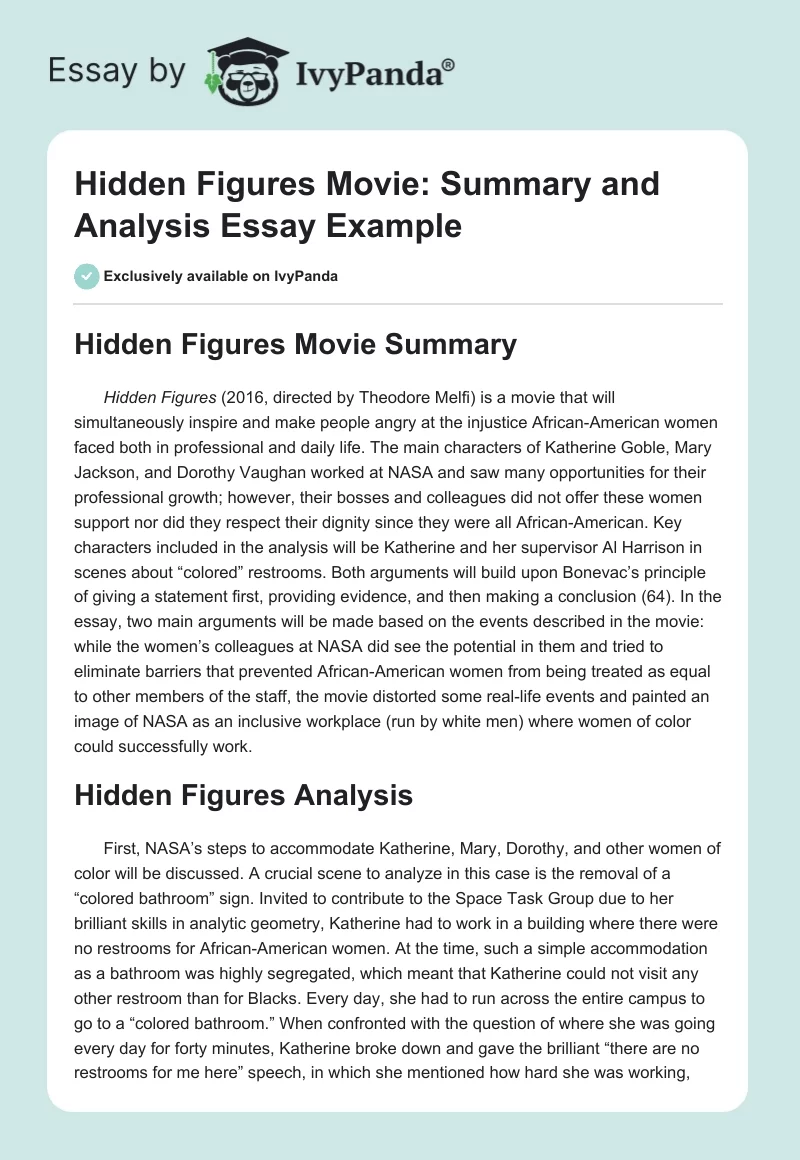 Hidden Figures Movie: Summary and Analysis Essay Example. Page 1