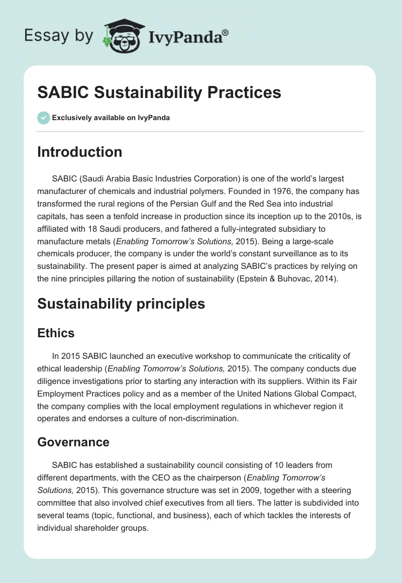 SABIC Sustainability Practices. Page 1