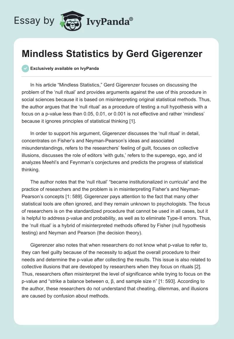 "Mindless Statistics" by Gerd Gigerenzer. Page 1