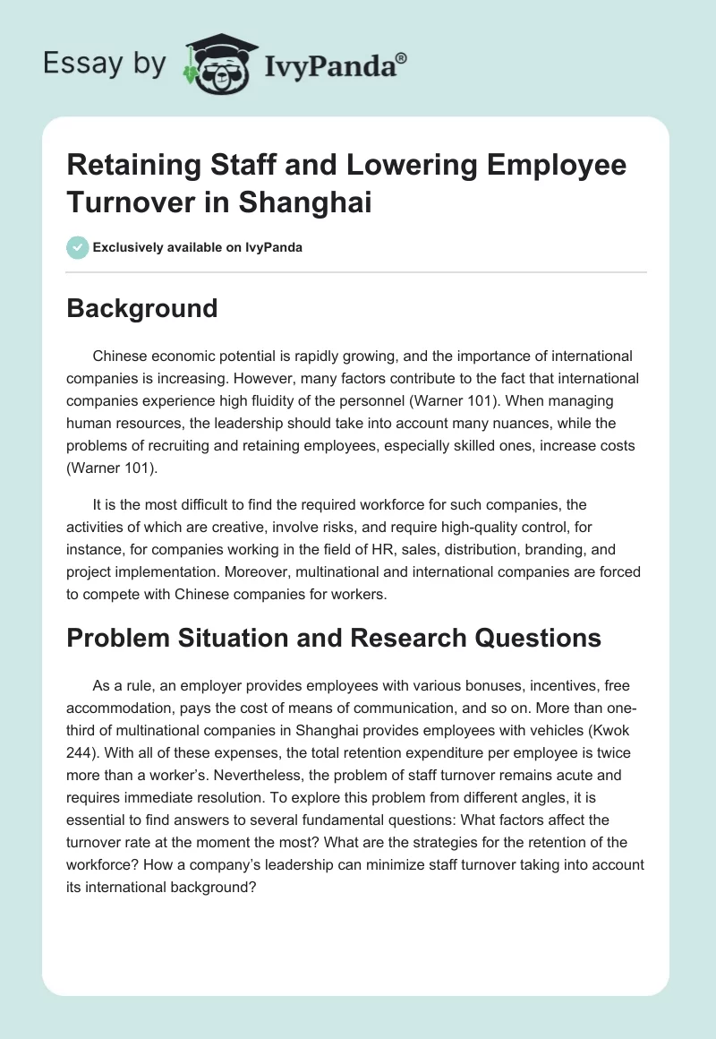 Retaining Staff and Lowering Employee Turnover in Shanghai. Page 1