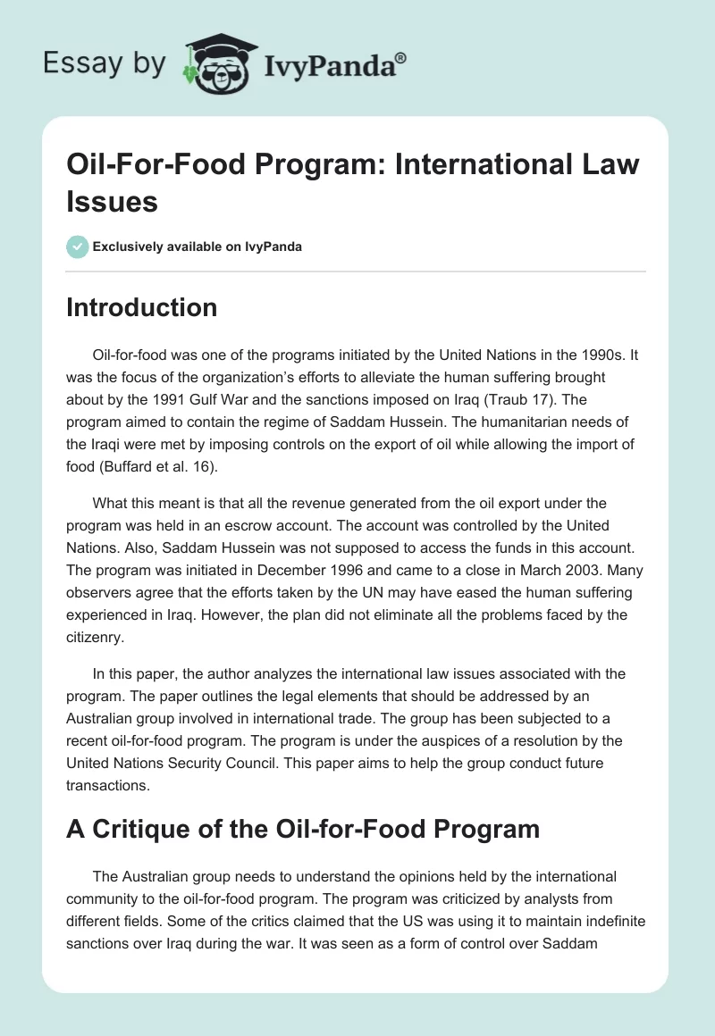 Oil-For-Food Program: International Law Issues. Page 1