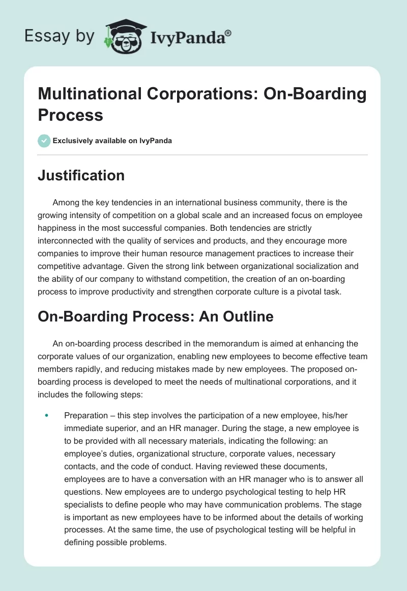 Multinational Corporations: On-Boarding Process. Page 1