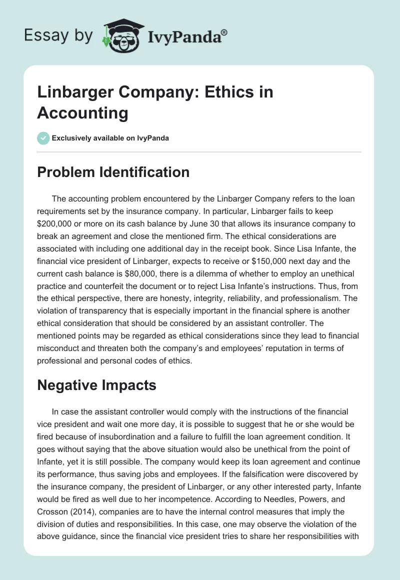 Linbarger Company: Ethics in Accounting. Page 1