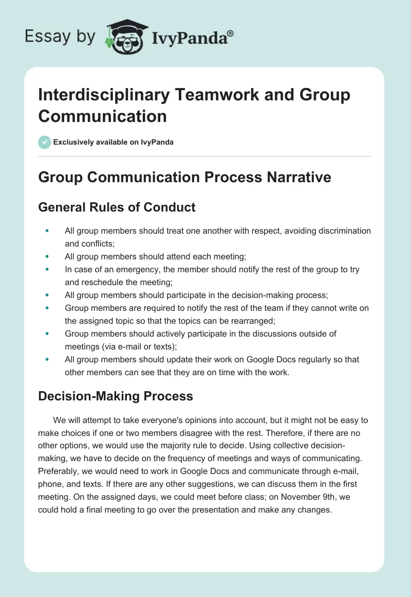 Interdisciplinary Teamwork and Group Communication. Page 1
