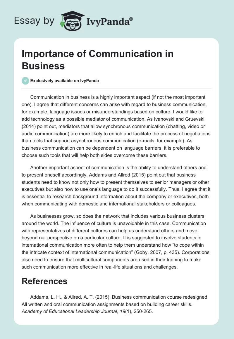 Importance of Communication in Business. Page 1