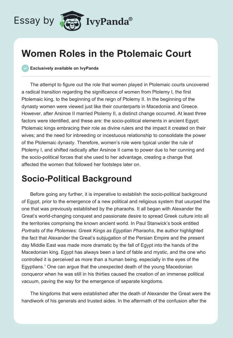 Women Roles in the Ptolemaic Court. Page 1