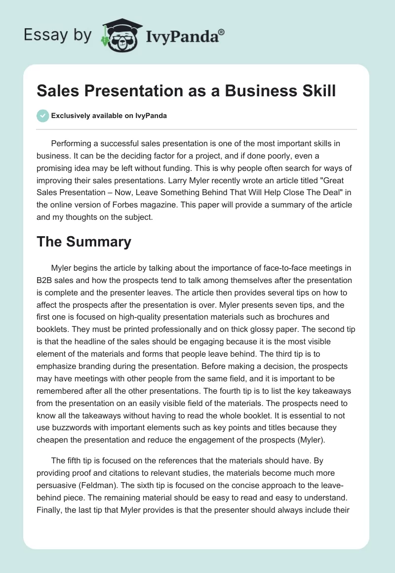Sales Presentation as a Business Skill. Page 1