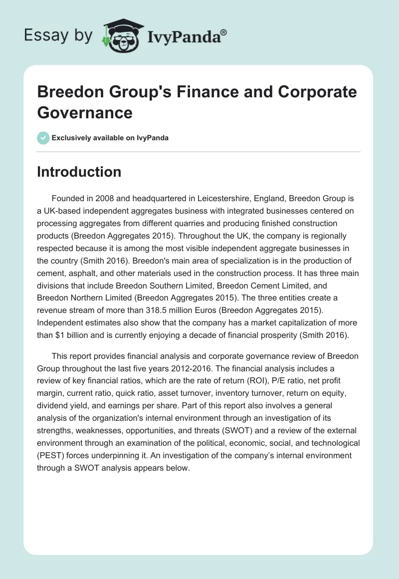 Breedon Group's Finance and Corporate Governance. Page 1