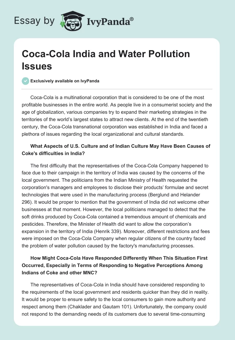 Coca-Cola India and Water Pollution Issues. Page 1