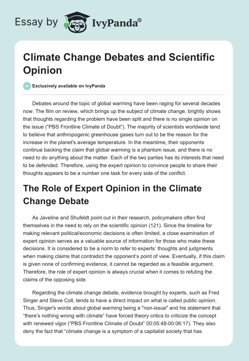 Climate Change Debates and Scientific Opinion. Page 1