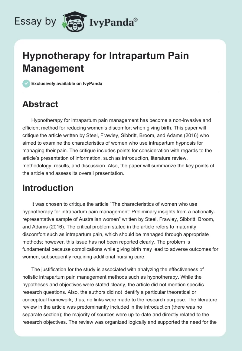 Hypnotherapy for Intrapartum Pain Management. Page 1