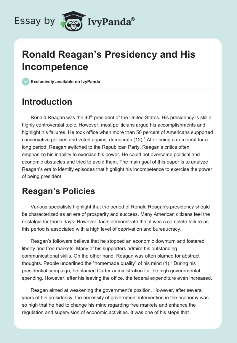 Ronald Reagan’s Presidency and His Incompetence. Page 1