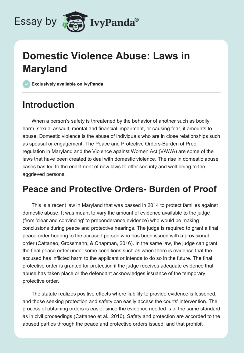 Domestic Violence Abuse: Laws in Maryland. Page 1