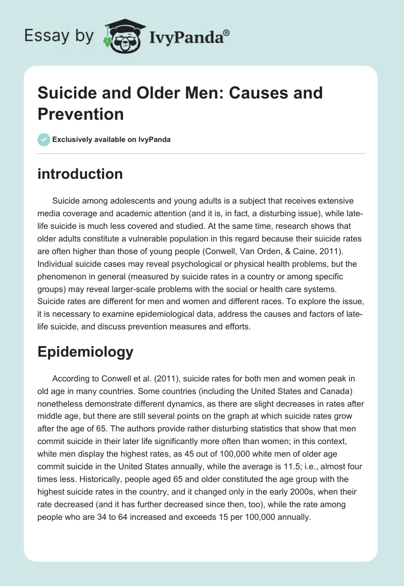 Suicide and Older Men: Causes and Prevention. Page 1