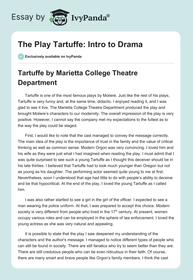 The Play "Tartuffe": Intro to Drama. Page 1