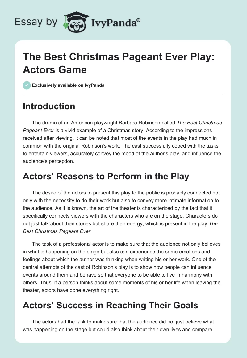 "The Best Christmas Pageant Ever" Play: Actors Game. Page 1