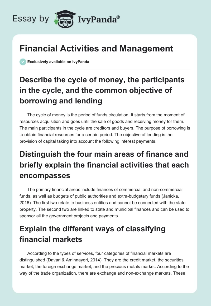 Financial Activities and Management. Page 1