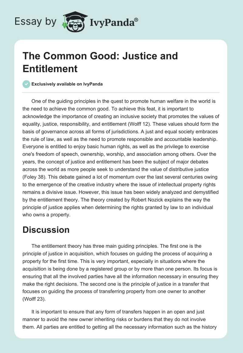 The Common Good: Justice and Entitlement. Page 1