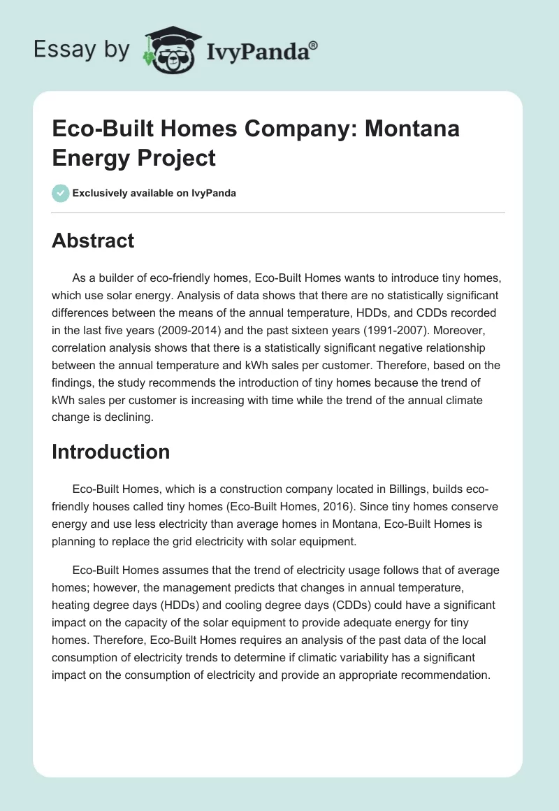 Eco-Built Homes Company: Montana Energy Project. Page 1
