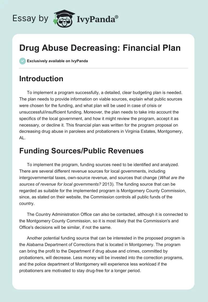 Drug Abuse Decreasing: Financial Plan. Page 1