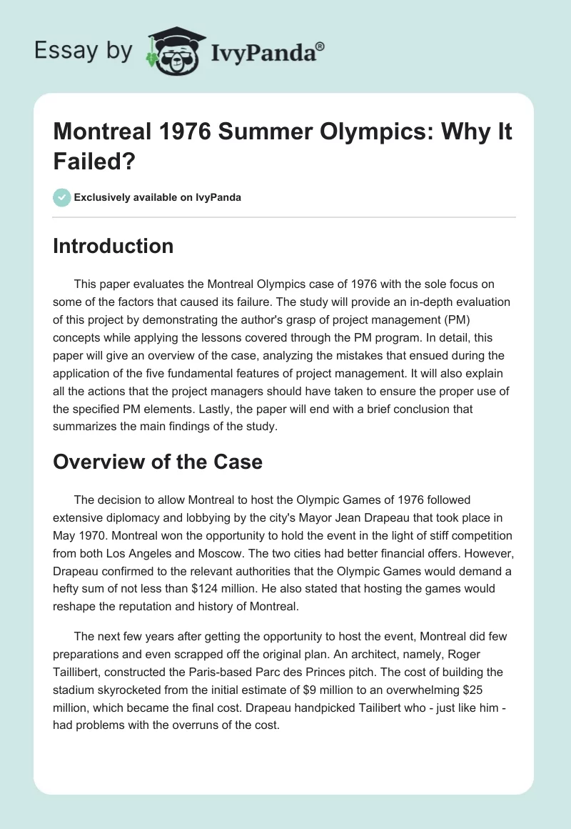 Montreal 1976 Summer Olympics: Why It Failed?. Page 1