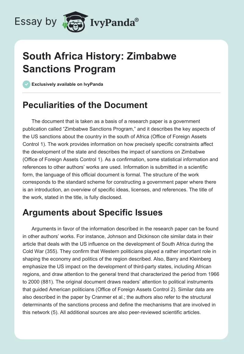 South Africa History: Zimbabwe Sanctions Program. Page 1