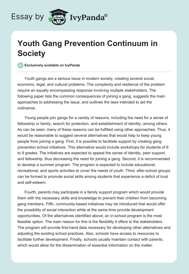 Youth Gang Prevention Continuum in Society. Page 1
