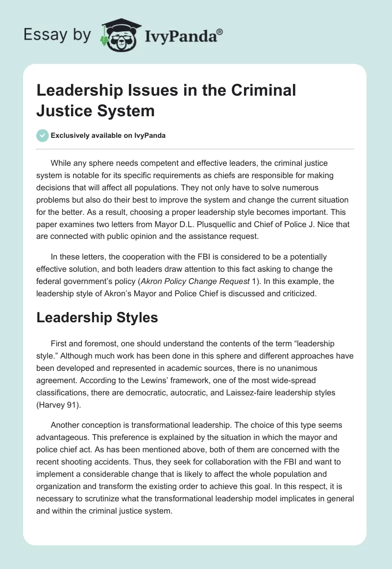 Leadership Issues in the Criminal Justice System. Page 1