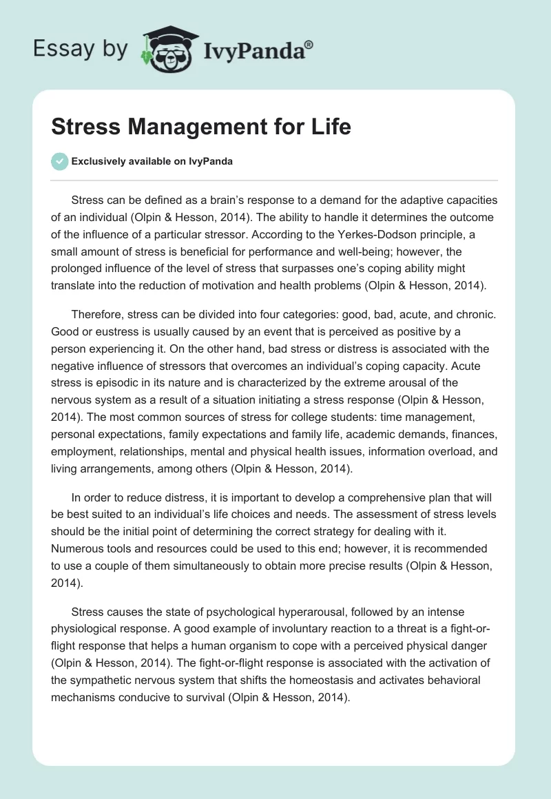Stress Management for Life. Page 1
