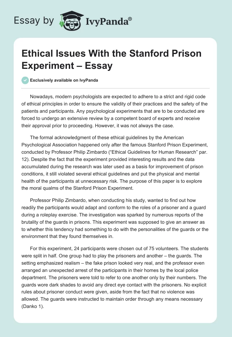 Ethical Issues With the Stanford Prison Experiment – Essay. Page 1